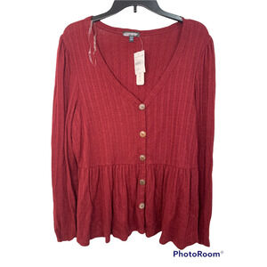 Curvy Sense maroon‎ Ribbed V-neck Sweater Top 3X NWT